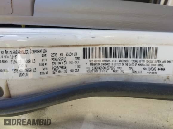 2004 Jeep Grand Cherokee Laredo with VIN 1J4GX48S54C287065, listed as a IAAI auction lot 42780912 with 367,484 mi miles and . Bid and sale history available at DreamBid. Image 9.