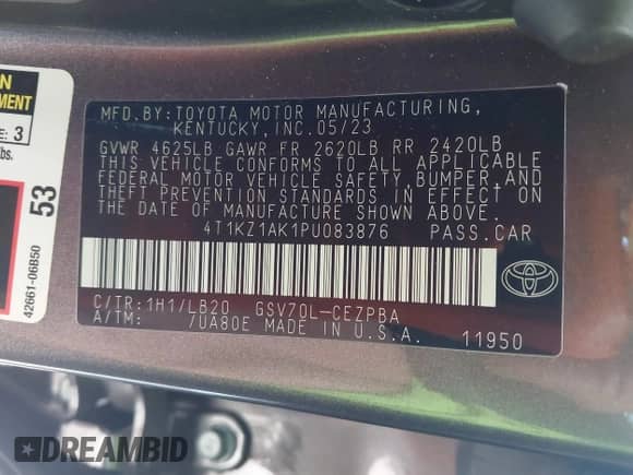 2023 Toyota Camry TRD with VIN 4T1KZ1AK1PU083876, listed as a IAAI auction lot 43378622 with 18,787 mi miles and . Bid and sale history available at DreamBid. Image 9.