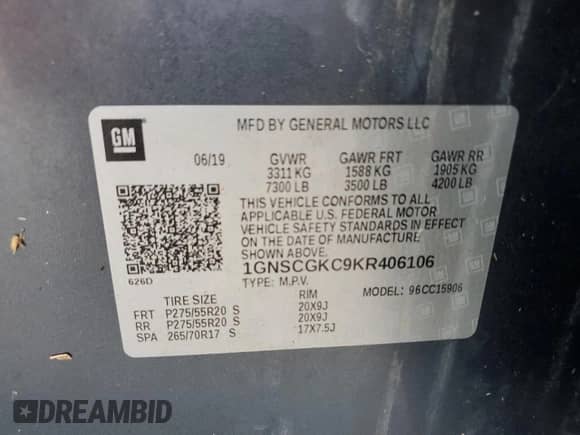 2019 Chevrolet Suburban LS with VIN 1GNSCGKC9KR406106, listed as a Copart auction lot 54075795 with 118,069 mi miles and Salvage title. Bid and sale history available at DreamBid. Image 13.