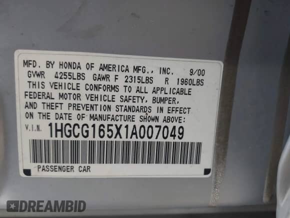 2001 Honda Accord EX z VIN 1HGCG165X1A007049, wystawiony jako IAAI lot #42721236 z przebiegiem 188 243 mil mil oraz . Historia ofert i sprzedaży dostępna na DreamBid. Obrazek 9.