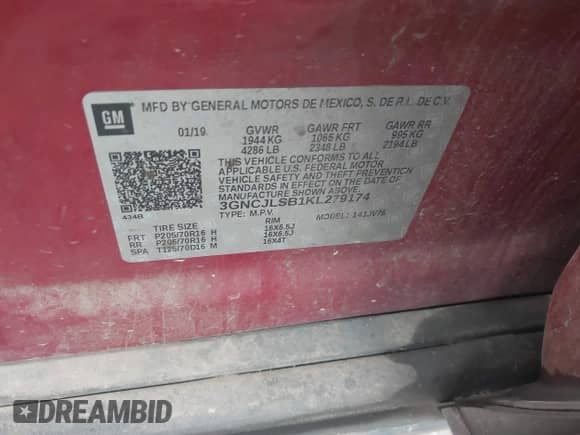 2019 Chevrolet Trax LT с VIN 3GNCJLSB1KL279174, выставлен на аукционе IAAI как лот 42393079 с пробегом 163 604 миль миль и . История ставок и продаж доступна на DreamBid. Изображение 9.