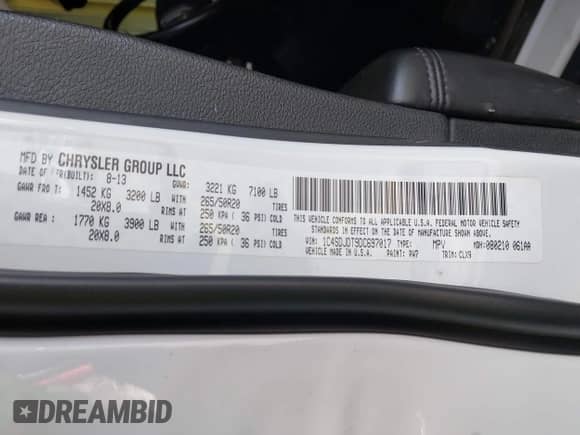 2013 Dodge Durango Crew with VIN 1C4SDJDT9DC697017, listed as a IAAI auction lot 42918013 with 153,270 mi miles and . Bid and sale history available at DreamBid. Image 9.