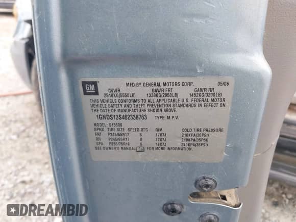 2006 Chevrolet TrailBlazer LT z VIN 1GNDS13S462338763, wystawiony jako IAAI lot #43145852 z przebiegiem 147 745 mil mil oraz . Historia ofert i sprzedaży dostępna na DreamBid. Obrazek 9.