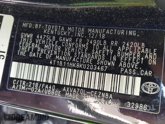 2019 Toyota Camry LE с VIN 4T1B11HK8KU203467, выставлен на аукционе IAAI как лот 42988134 с пробегом 116 947 миль миль и . История ставок и продаж доступна на DreamBid. Изображение 9.