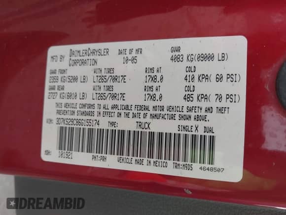 2006 Dodge 2500 SLT with VIN 3D7KS29C86G155174, listed as a IAAI auction lot 43147560 with 201,574 mi miles and . Bid and sale history available at DreamBid. Image 9.