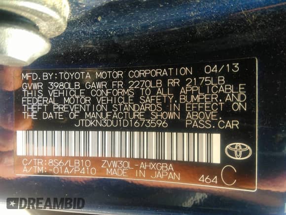 2013 Toyota Prius One с VIN JTDKN3DU1D1673596, выставлен на аукционе IAAI как лот 42869905 с пробегом 160 504 миль миль и . История ставок и продаж доступна на DreamBid. Изображение 9.