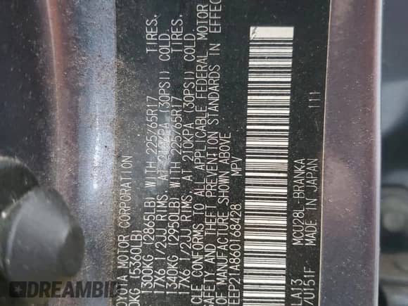 2006 Toyota Highlander w/3rd Row with VIN JTEEP21A860168428, listed as a Copart auction lot 83855485 with 115,520 mi miles and Salvage title. Bid and sale history available at DreamBid. Image 14.