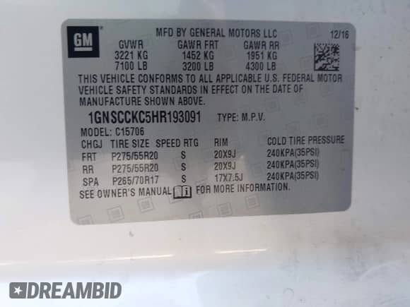 2017 Chevrolet Tahoe Premier с VIN 1GNSCCKC5HR193091, выставлен на аукционе IAAI как лот 42537739 с пробегом 167 954 миль миль и . История ставок и продаж доступна на DreamBid. Изображение 9.