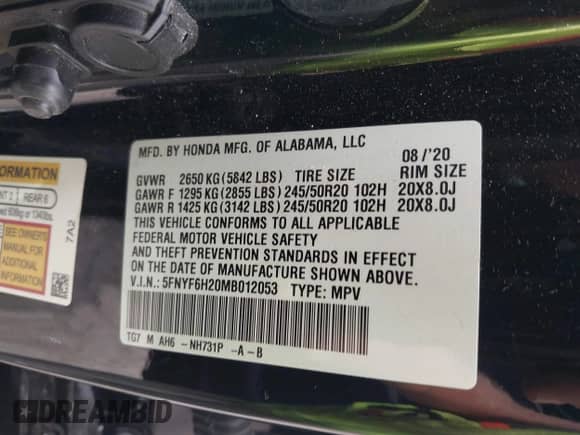 2021 Honda Pilot Special Edition with VIN 5FNYF6H20MB012053, listed as a IAAI auction lot 43003524 with 73,961 mi miles and . Bid and sale history available at DreamBid. Image 9.
