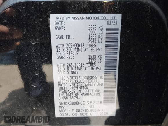 2023 Nissan Pathfinder Rock Creek with VIN 5N1DR3BD6PC258228, listed as a IAAI auction lot 42494821 with 33,928 mi miles and . Bid and sale history available at DreamBid. Image 9.