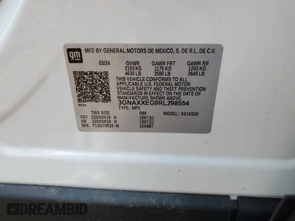 2024 Chevrolet Equinox Premier с VIN 3GNAXXEG9RL298554, выставлен на аукционе Copart как лот 68720445 с пробегом 9 111 миль миль и Списание • Salvage title. История ставок и продаж доступна на DreamBid. Изображение 14.