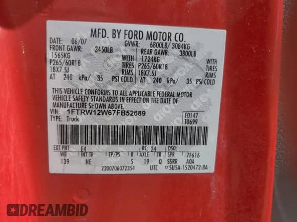 2007 Ford F-150 XLT с VIN 1FTRW12W67FB52689, выставлен на аукционе Copart как лот 84210635 с пробегом 203 083 миль миль и Чистый • Clean title. История ставок и продаж доступна на DreamBid. Изображение 12.