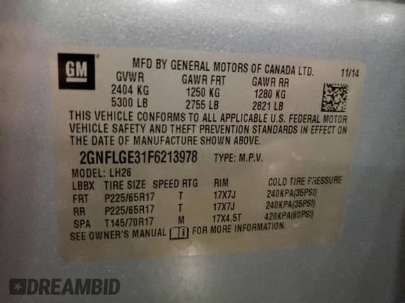 2015 Chevrolet Equinox LT with VIN 2GNFLGE31F6213978, listed as a Copart auction lot 65449195 with 112,114 mi miles and Salvage title. Bid and sale history available at DreamBid. Image 13.