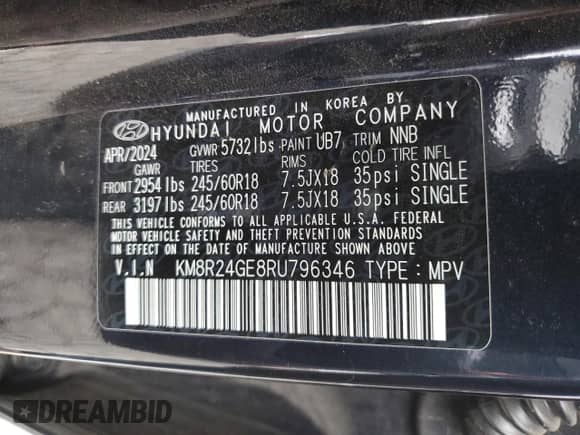 2024 Hyundai Palisade SEL с VIN KM8R24GE8RU796346, выставлен на аукционе Copart как лот 70047785 с пробегом 34 410 миль миль и Списание • Salvage title. История ставок и продаж доступна на DreamBid. Изображение 13.