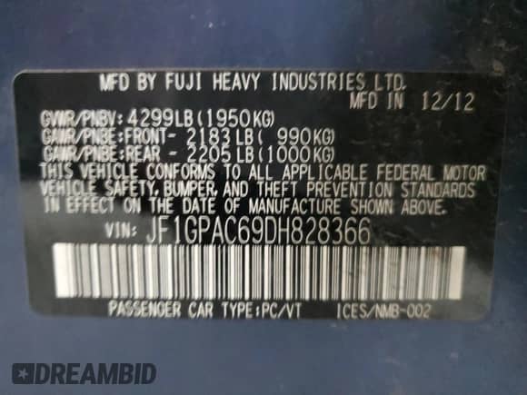 2013 Subaru Impreza Premium с VIN JF1GPAC69DH828366, выставлен на аукционе Copart как лот 69930255 с пробегом 237 411 миль миль и Списание • Salvage title. История ставок и продаж доступна на DreamBid. Изображение 12.