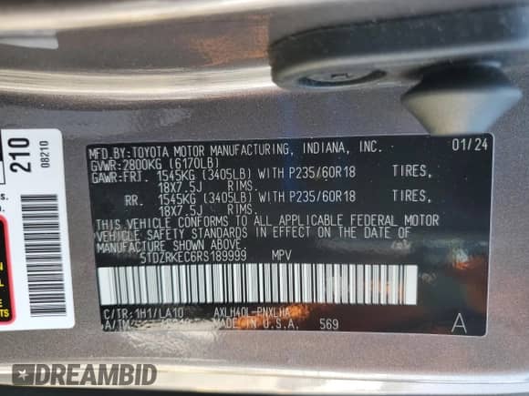 2024 Toyota Sienna Limited с VIN 5TDZRKEC6RS189999, выставлен на аукционе Copart как лот 62719365 с пробегом 21 225 миль миль и Списание • Salvage title. История ставок и продаж доступна на DreamBid. Изображение 13.