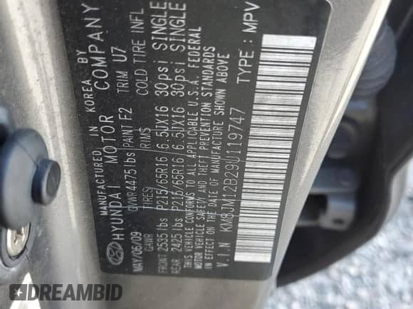2009 Hyundai Tucson GLS with VIN KM8JM12B29U119747, listed as a Copart auction lot 82369665 with 107,326 mi miles and Salvage title. Bid and sale history available at DreamBid. Image 13.