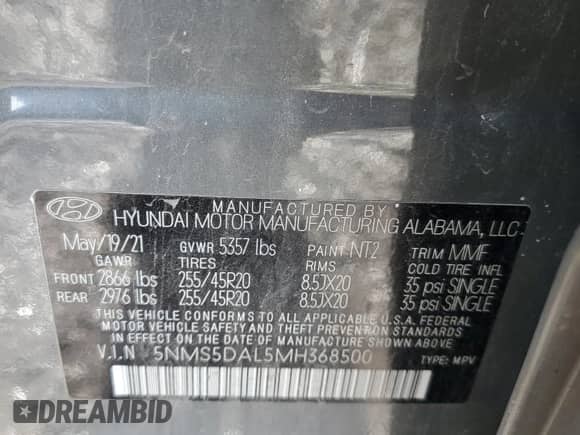 2021 Hyundai Santa Fe Calligraphy с VIN 5NMS5DAL5MH368500, выставлен на аукционе Copart как лот 42534255 с пробегом 106 945 миль миль и Списание • Salvage title. История ставок и продаж доступна на DreamBid. Изображение 13.