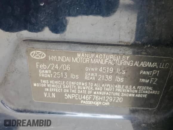 2006 Hyundai Sonata GLS with VIN 5NPEU46F76H129720, listed as a Copart auction lot 87379215 with 167,104 mi miles and Clean title. Bid and sale history available at DreamBid. Image 12.