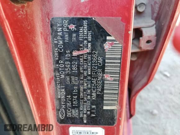 2015 Hyundai Accent GS с VIN KMHCT5AE1FU213662, выставлен на аукционе Copart как лот 69164005 с пробегом Не указан миль и Чистый • Clean title. История ставок и продаж доступна на DreamBid. Изображение 12.