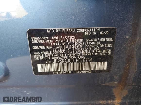 2020 Subaru Forester Premium z VIN JF2SKAJC9LH516754, wystawiony jako Copart lot #81677265 z przebiegiem 37 310 mil mil oraz Szkoda całkowita • Salvage title. Historia ofert i sprzedaży dostępna na DreamBid. Obrazek 14.