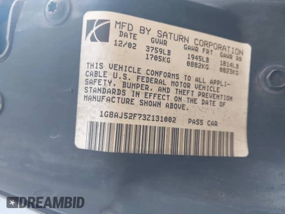 2003 Saturn ION ION 2 with VIN 1G8AJ52F73Z131002, listed as a IAAI auction lot 42435160 with 103,280 mi miles and . Bid and sale history available at DreamBid. Image 9.