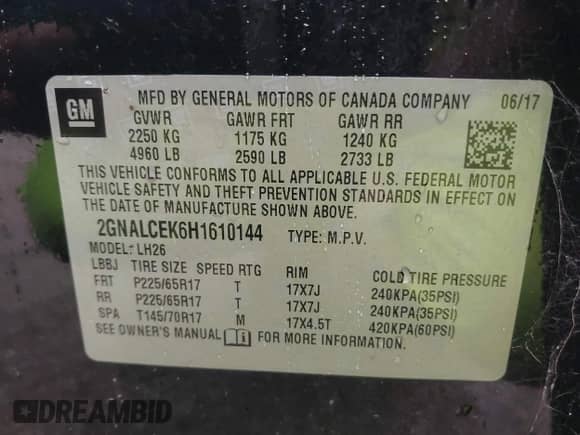 2017 Chevrolet Equinox LT z VIN 2GNALCEK6H1610144, wystawiony jako IAAI lot #43274757 z przebiegiem 164 173 mil mil oraz . Historia ofert i sprzedaży dostępna na DreamBid. Obrazek 9.