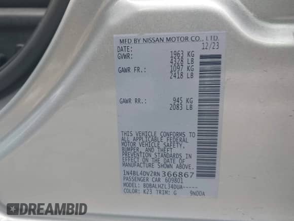 2024 Nissan Altima SV with VIN 1N4BL4DV2RN366867, listed as a IAAI auction lot 42917346 with 46,052 mi miles and . Bid and sale history available at DreamBid. Image 9.