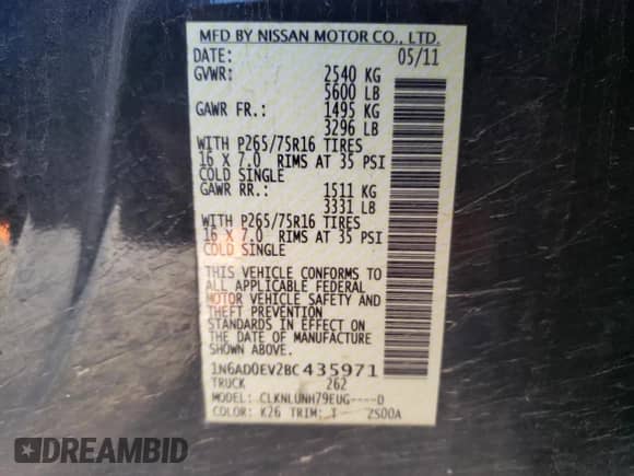 2011 Nissan Frontier SV with VIN 1N6AD0EV2BC435971, listed as a Copart auction lot 42445295 with 143,907 mi miles and Salvage title. Bid and sale history available at DreamBid. Image 15.