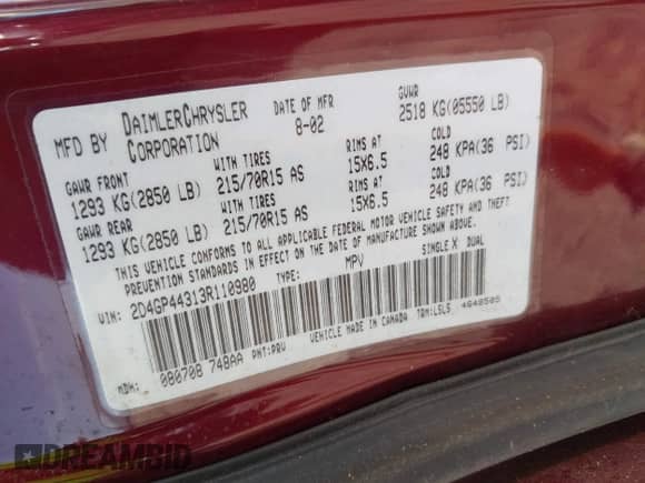2003 Dodge Caravan Sport with VIN 2D4GP44313R110980, listed as a IAAI auction lot 43017347 with 272,210 mi miles and . Bid and sale history available at DreamBid. Image 9.
