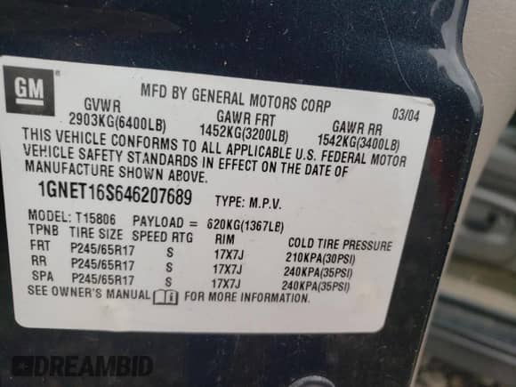 2004 Chevrolet TrailBlazer EXT LS with VIN 1GNET16S646207689, listed as a Copart auction lot 66167165 with 267,090 mi miles and Clean title. Bid and sale history available at DreamBid. Image 12.