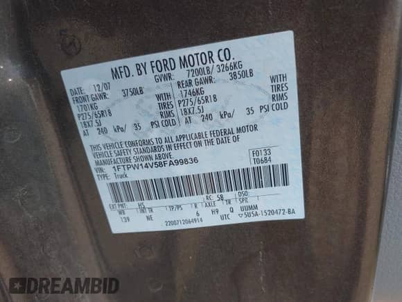 2008 Ford F-150 XLT z VIN 1FTPW14V58FA99836, wystawiony jako IAAI lot #43174947 z przebiegiem 189 550 mil mil oraz . Historia ofert i sprzedaży dostępna na DreamBid. Obrazek 9.