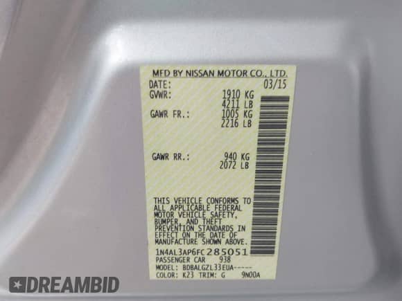 2015 Nissan Altima SL with VIN 1N4AL3AP6FC285051, listed as a IAAI auction lot 43191763 with 128,732 mi miles and . Bid and sale history available at DreamBid. Image 9.