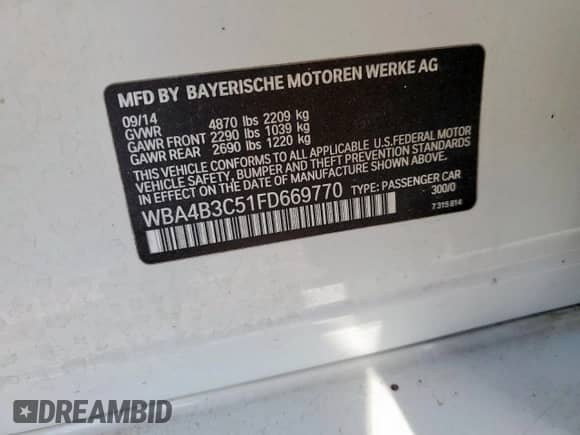 2015 BMW 4 Series 435i xDrive with VIN WBA4B3C51FD669770, listed as a Copart auction lot 57349505 with Not provided miles and Salvage title. Bid and sale history available at DreamBid. Image 12.