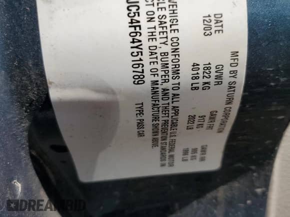 2004 Saturn L L300 1 with VIN 1G8JC54F64Y516789, listed as a Copart auction lot 50020045 with Not provided miles and Salvage title. Bid and sale history available at DreamBid. Image 12.