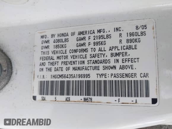 2005 Honda Accord LX с VIN 1HGCM56435A196995, выставлен на аукционе IAAI как лот 43505468 с пробегом 268 806 миль миль и . История ставок и продаж доступна на DreamBid. Изображение 9.