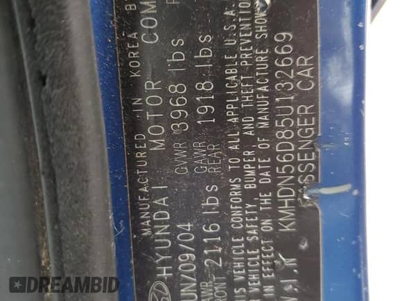 2005 Hyundai Elantra GLS with VIN KMHDN56D85U132669, listed as a Copart auction lot 73764934 with 161,736 mi miles and Non repairable. Bid and sale history available at DreamBid. Image 12.