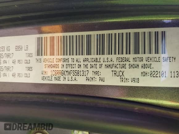 2015 Ram 1500 Tradesman z VIN 1C6RR6KMXFS581317, wystawiony jako IAAI lot #42393568 z przebiegiem 349 945 mil mil oraz . Historia ofert i sprzedaży dostępna na DreamBid. Obrazek 9.