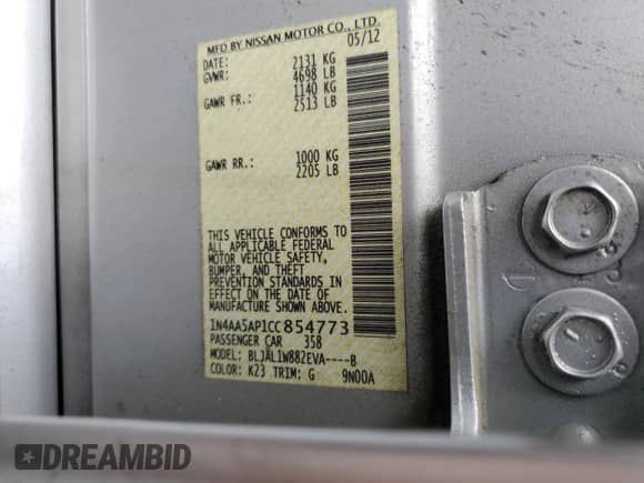 2012 Nissan Maxima SV с VIN 1N4AA5AP1CC854773, выставлен на аукционе Copart как лот 69777745 с пробегом 154 042 миль миль и Списание • Salvage title. История ставок и продаж доступна на DreamBid. Изображение 12.