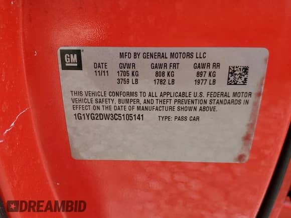 2012 Chevrolet Corvette 3LT с VIN 1G1YG2DW3C5105141, выставлен на аукционе Copart как лот 88414405 с пробегом 75 218 миль миль и Списание • Salvage title. История ставок и продаж доступна на DreamBid. Изображение 13.