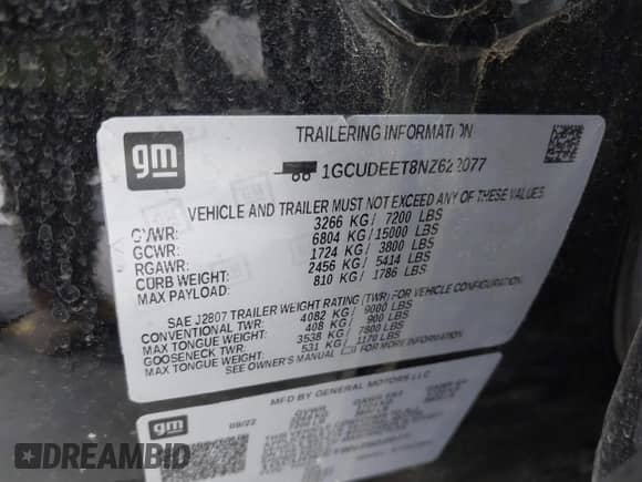 2022 Chevrolet Silverado 1500 RST with VIN 1GCUDEET8NZ622077, listed as a IAAI auction lot 42713780 with 46,022 mi miles and . Bid and sale history available at DreamBid. Image 9.