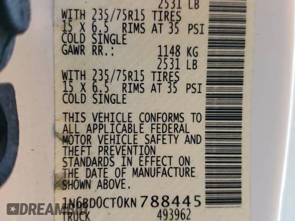 2019 Nissan Frontier SV with VIN 1N6BD0CT0KN788445, listed as a Copart auction lot 81643783 with 40,595 mi miles and Salvage title. Bid and sale history available at DreamBid. Image 12.