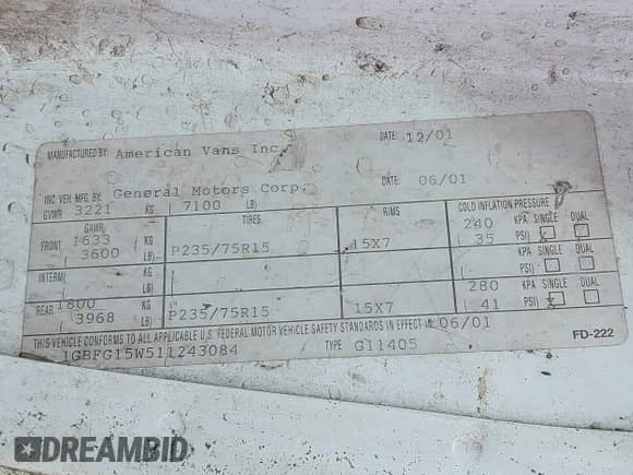 2001 Chevrolet City Express Cargo with VIN 1GBFG15W511243084, listed as a IAAI auction lot 42195816 with 395,589 mi miles and . Bid and sale history available at DreamBid. Image 9.