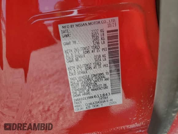 2024 Nissan Frontier SV with VIN 1N6ED1EJ4RN611843, listed as a Copart auction lot 71734955 with 20,362 mi miles and Salvage title. Bid and sale history available at DreamBid. Image 12.