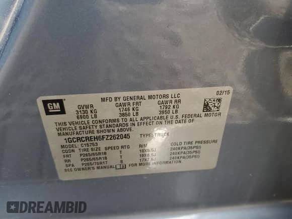 2015 Chevrolet Silverado 1500 LT z VIN 1GCRCREH6FZ262045, wystawiony jako Copart lot #56156885 z przebiegiem 170 180 mil mil oraz Szkoda całkowita • Salvage title. Historia ofert i sprzedaży dostępna na DreamBid. Obrazek 12.