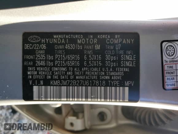 2007 Hyundai Tucson GLS с VIN KM8JM72B27U617818, выставлен на аукционе Copart как лот 64369785 с пробегом 104 875 миль миль и Списание • Salvage title. История ставок и продаж доступна на DreamBid. Изображение 13.