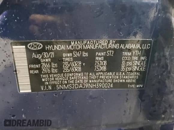 2022 Hyundai Santa Fe SEL с VIN 5NMS2DAJ9NH390024, выставлен на аукционе Copart как лот 83844545 с пробегом 70 424 миль миль и Списание • Salvage title. История ставок и продаж доступна на DreamBid. Изображение 12.