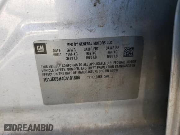 2012 Chevrolet Sonic LTZ with VIN 1G1JE6SH4C4101608, listed as a Copart auction lot 53111725 with 203,012 mi miles and Salvage title. Bid and sale history available at DreamBid. Image 12.