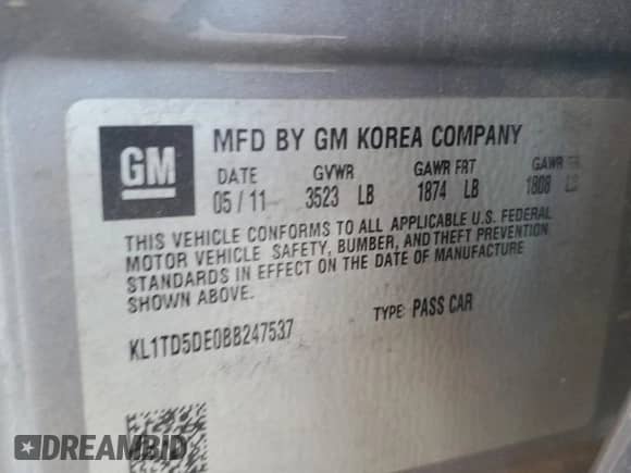 2011 Chevrolet Aveo 1LT z VIN KL1TD5DE0BB247537, wystawiony jako Copart lot #76715284 z przebiegiem 152 509 mil mil oraz Szkoda całkowita • Salvage title. Historia ofert i sprzedaży dostępna na DreamBid. Obrazek 12.