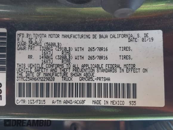 2019 Toyota Tacoma SR z VIN 3TMCZ5AN6KM229020, wystawiony jako IAAI lot #43090158 z przebiegiem 117 151 mil mil oraz . Historia ofert i sprzedaży dostępna na DreamBid. Obrazek 9.